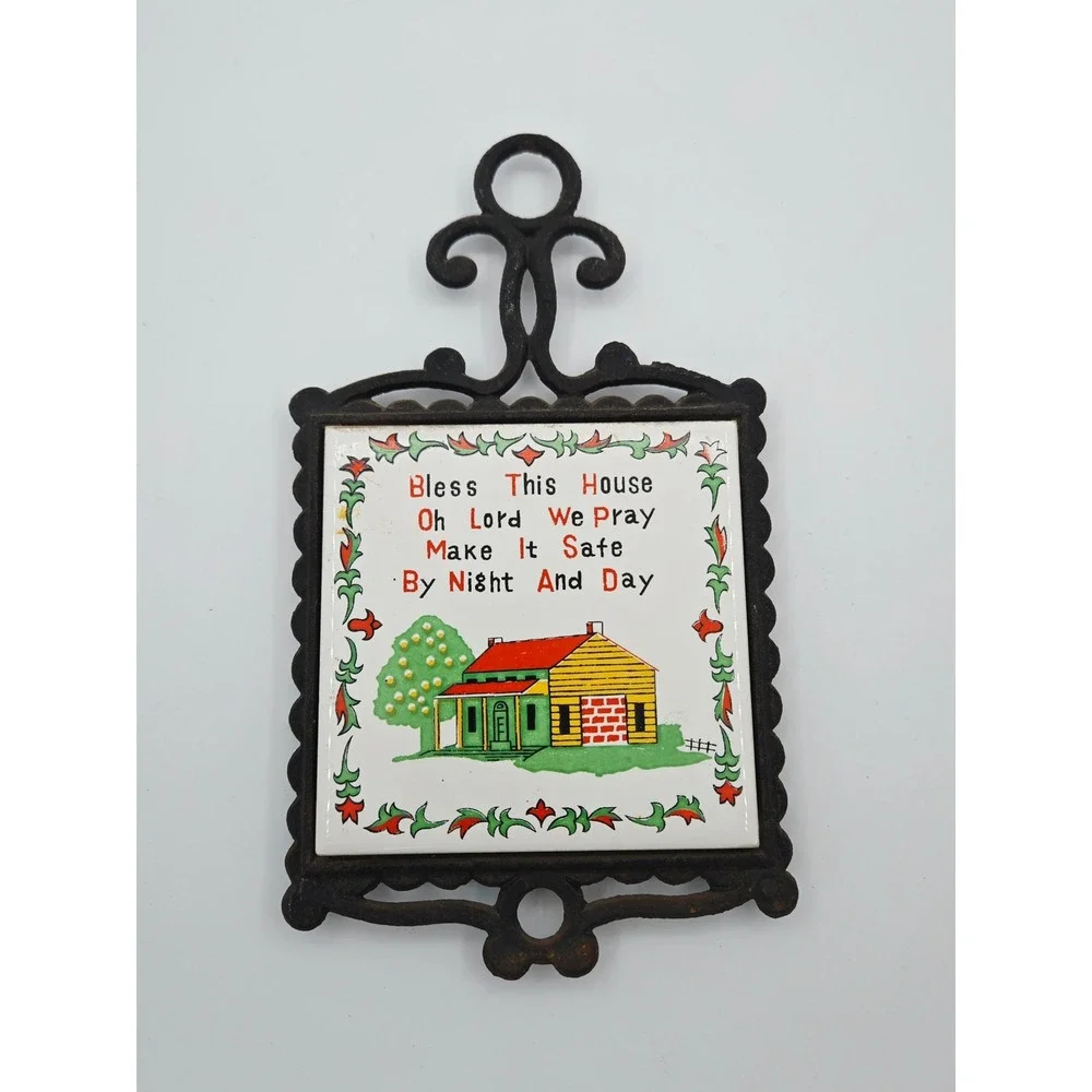 Vintage Cast Iron Ceramic Tile Trivet Bless This House Japan Wall Decor 9in